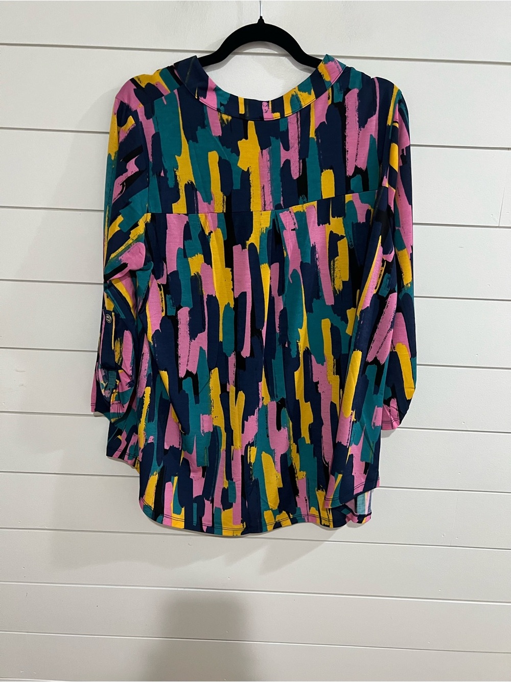 Dear Scarlett Multicolor Brushstroke V-Neck Blouse - Pink, Teal, Navy, Yellow - Picture 2 of 4
